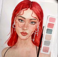 a drawing of a woman with red hair and earrings next to her makeup palettes