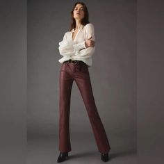 Anthropologie Pilcro The Yaya Mid-Rise Faux Leather Pants Size 26 Super Flattering Zip Front New With Tags! Leather Pants Brown, Cropped Flare Pants, Cropped Wide Leg Pants, Pants Brown, Faux Leather Pants, Boho Blouses, Striped Linen, Brown Fashion, Wide Leg Jumpsuit