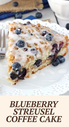 blueberry streusel coffee cake on a white plate with a fork and bowl in the background