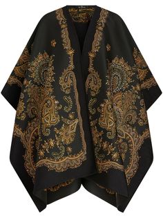 black/gold-tone cape design paisley print round neck layered effect Cape Designs, Cape Tops, Silk Coat, Fabric Butterfly, Black Cape, Elegant Coats, Knitted Cape, Print Coat, Gold Embroidery