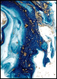 an abstract painting with blue and gold paint