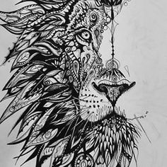 a black and white drawing of a lion's head with feathers on its face