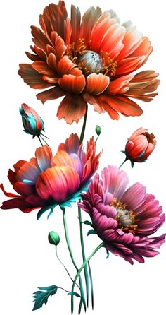 three colorful flowers are shown on a white background and one is red, the other is pink