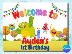 a welcome sign with cartoon animals and bunting flags in the background that says, welcome to auden's 1st birthday