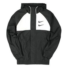 Nike Sportswear Swoosh Men's Woven Hooded Jacket Black CJ4888-011 Nike Sportswear Hooded Jacket For Sports Season, Nike Hooded Jacket Sportswear, Sports Outerwear With Drawstring Hood, Sports Season Outerwear With Drawstring Hood, Drawstring Hooded Outerwear For Sports Events, Moisture-wicking Nylon Hoodie For Streetwear, Nike Black Sports Outerwear, Nike Sporty Hooded Jacket For Sports Season, Nike Black Outerwear For Sports Events