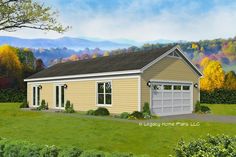 this is a computer rendering of the garage plans for two car garages in front of a mountain view