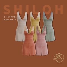 four dresses in different colors and sizes are shown with the word shiloh on it