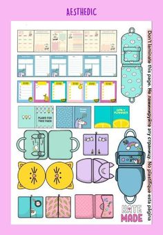 an assortment of planner pages and binders with unicorns in pastel blue, yellow and pink