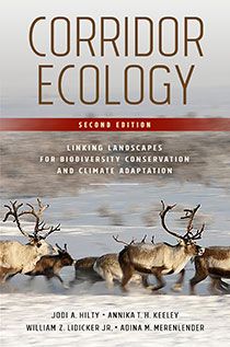 a book cover with reindeers running in the snow and text that reads corridor ecology