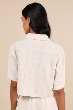 You'll always get compliments on your style in the Lulus Enviably Breezy Beige Striped Linen Short Sleeve Button-Up Top! Lightweight, linen-blend woven fabric boasts a chic striped design as it shapes this patchwork-inspired top that has short sleeves and a collared neckline. Seaming details lend a trendy effect to the bodice, which has a functional front button placket and two roomy patch pockets. Lightly cropped hem completes the look. Fit: This garment fits true to size. Length: Size medium m Chic Linen Top With Placket, Cream Linen Blouse For Day Out, Spring Linen Top With Collared Neckline, Beige Linen Blouse For Day Out, Chic Linen Top With Collared Neckline, Cream Linen Tops With Buttons, Cream Linen Top With Buttons, Linen Collared Blouse For Day Out, Linen Collared Tops With Buttons