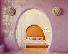 a bed sitting in the middle of a bedroom next to a purple wall and floor