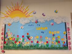 a bulletin board with flowers and clouds in the background that says learn how to grow