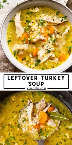 two bowls of leftover turkey soup with carrots and celery