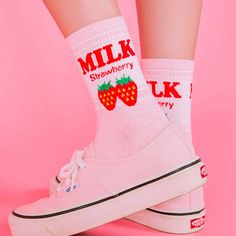 Strawberry Socks, Milk Strawberry, Aesthetic Socks, Embroidered Socks, Pastel Red, Pastel Pink Aesthetic, Strawberry Milk, Red Aesthetic, Harajuku Fashion