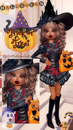 a girl dressed up as a witch holding a bag and wearing a black hat with the words trick or treat on it