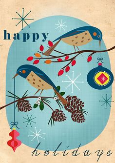 two birds are sitting on a branch with pine cones and ornaments hanging from it's branches