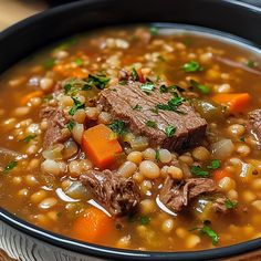 a bowl of soup with meat, beans and carrots