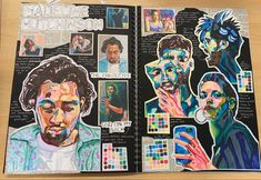 an open book with pictures of people and colors on the pages, including one man's face