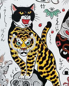 a painting of a tiger and a cat on a white background with other cats around it