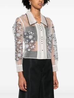 BODE floral-embroidered Silk Blouse - Farfetch White Silk Blouse, Scallop Edge, Yoko London, Bodo, City Dress, Silk Organza, Blouse White, White Silk, Cotton Voile