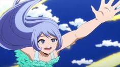 an anime character with blue hair is flying through the air and has her arms outstretched