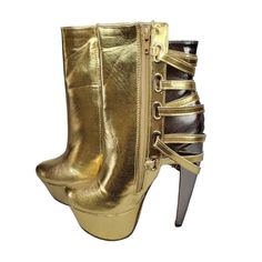 Mona Mia Amarante Gold Pewter Multiple Strap Banana Curved Heel Ankle Boot *New In Box Size: 5.5 Style No. Amarante Color: Silver/Gold Pewter Mona Mia Amarante Platform Heeled Bootie Gold & Pewter 2-Tone Faux Leather Upper Multiple Strap Design With Adjustable Buckles Side Zipper For Easy On/Off Smooth Lining, And Cushioned Foot-Bed. Approximately 6 Inch Curved Heel And 1.75 Inch Platforms Glamorous Gold Ankle-high Heels, Glamorous Gold Ankle Boot Heels, Gold Closed Toe Boots For Party, Gold Ankle-high Boots For Evening, Formal Gold Closed Toe Boots, Gold Ankle Boot Heels For Evening, Gold High Heel Boots For Night Out, White Platform Vans, Ankle Boot Heels