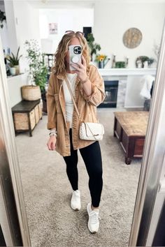 Oversized khaki denim jacket, fitted white tee, leggings, crossbody bag and sneakers. Everything fits TTS  //Fall outfits 2024, rainy day outfit fall, fall fashion finds,petite fashion, casual mom outfit ideas, fall outfit amazon, amazon outfit ideas, casual outfit ideas, outfit inspo, casual fashion, amazon fall fashion,  casual outfit fall, cute casual outfit, outfit ideas fall, amazon shoes, amazon bag, purse, size 4-6, casual fall outfits, casual outfit ideas everyday, fall tops, fall shoes, fall bags #ltkfindsunder100 #ltksalealert #ltkseasonal   Follow my shop @InTrueTonyaFashion on the @shop.LTK app to shop this post and get my exclusive app-only content!  #liketkit  @shop.ltk https://liketk.it/4RMxy White Crossbody Bag Outfit, Rainy Day Outfit Fall, Fall Outfit Amazon, Petite Fashion Casual, Amazon Outfit Ideas, Mom Outfit Ideas, Casual Outfit Fall, Amazon Fall Fashion, Sweater Cardigan Outfit