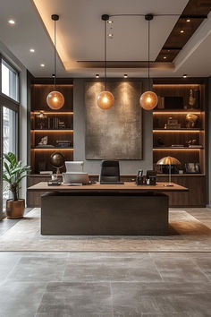 an office with large windows and wooden shelves