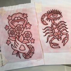 two drawings on paper, one with an eye and the other with flowers