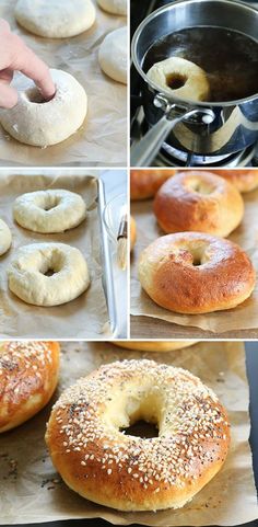 the process of making bagels is shown in four different pictures, including doughnuts and pretzels