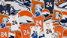 an orange and white football jersey with the number 24 on it is surrounded by other sports jerseys