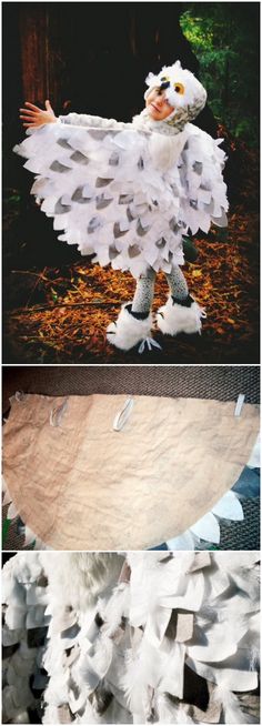 three different pictures with white feathers on the bottom, and an image of a bird made out of paper