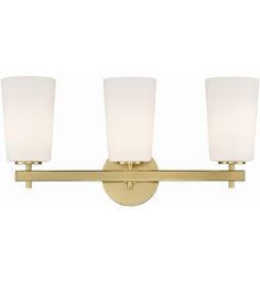 three light bathroom fixture with white glass shades on the top and bottom half of it