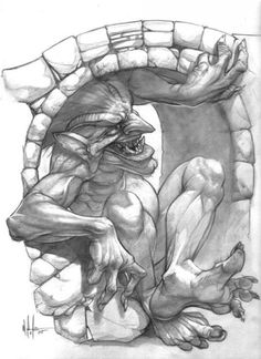 a pencil drawing of a creature sitting in front of a stone wall with its mouth open