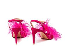 Introducing Leah, the bold hot pink suede leather sandals adorned with statement hot pink feathers on the toe. These dreamy designer shoes are designed to turn heads and elevate any outfit, making them perfect for women seeking chic and sophisticated women's shoes for both casual and glamorous events. Pair Leah with a beautiful black dress for an enchanting evening look, or combine them with jeans for a stylish, semi-casual outfit. Crafted with a 100% leather upper and outsole, these women's hee Semi Casual Outfit, Beautiful Black Dress, Beautiful Black Dresses, Semi Casual, Pink Feathers, Outfit Making, Pink Suede, Footwear Design Women, Womens Heels