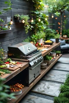 Outdoor Bbq Small Space, Garden Kitchen Ideas Outdoor, Best Outdoor Kitchen Ideas, Deck Space Ideas, Grilling Patio Ideas, Small Outside Kitchen Ideas, Small Backyard Kitchen, Small Flagstone Patio, Outdoor Bbq Ideas