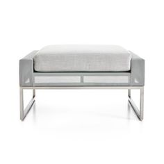 a white bench with a gray cushion on the top and bottom, in front of a white background