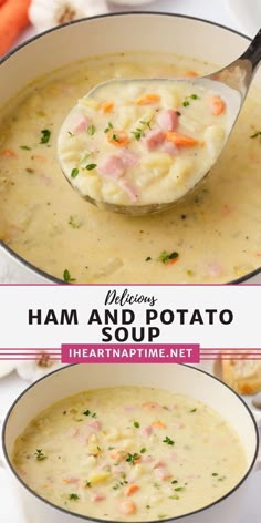 two pictures of ham and potato soup in a white bowl with a spoon on the side