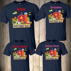 three t - shirts with the words uncle, birthday boy and grandma in front of them