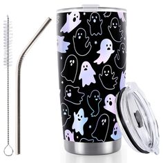 thermos cup with lid and straw is decorated with halloween ghostes on black