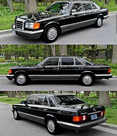 four different views of a black car parked on the side of the road with trees in the background