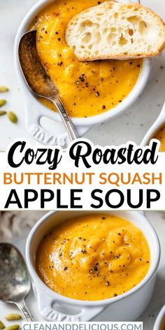 two bowls of creamy roasted butternut squash apple soup with bread in the background and text overlay reading cozy roasted butternut squash apple soup