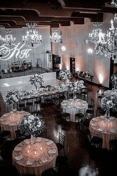 an overhead view of a banquet hall with chandeliers and tables set for formal function