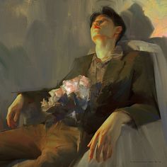 a painting of a man sitting in a chair with his eyes closed and flowers in his lap