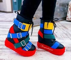 These gorge statement platforms sneakers are a must have for every Diva. Featuring a multi color buckle design. Anthony Wang. Measurement Heel Height: 2.5" (approx.) Silly Accessories, Zombie Monkey, Platforms Sneakers, Bold Shoes, Kei Fashion, Star Boots, Unique Sneakers, High Fashion Outfits, Wardrobe Accessories