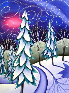 a painting of snow covered trees in the night