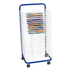 a blue and white rack with many plates on it's wheels, holding several trays