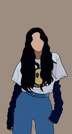 a drawing of a woman with long black hair wearing blue jeans and a white t - shirt