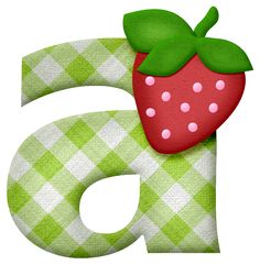 the letter g is decorated with a strawberry and green gingham checkered fabric