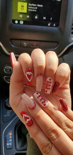 Valentines Nails Ideas Acrylic, Cupid Acrylic Nails, Cupid Nails Acrylic, Valentines Nails Rhinestones, February Nail Designs Valentines Day, Birthday Nails February, Cute Vday Nails, Vday Nails Short, February Nails Ideas Valentines Day Red